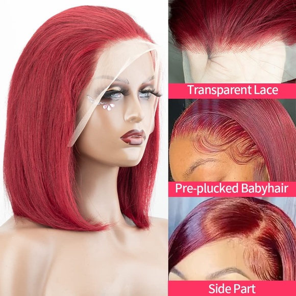 HUMAN HAIR Brazilian Burgundy Lace Frontal 13x4 Bob Wig PrePlucked Hairline 10” - Picture 2 of 12